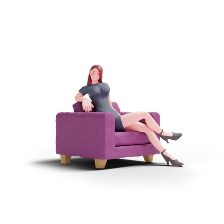 Hübsche Frau im Kleid sitzt auf dem Sofa  3D Illustration