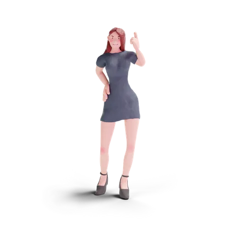 Hübsche Frau im Kleid zeigt nach oben  3D Illustration