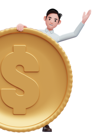Gutaussehender Geschäftsmann in einem blauen Hemd blickt hinter die große Münze  3D Illustration