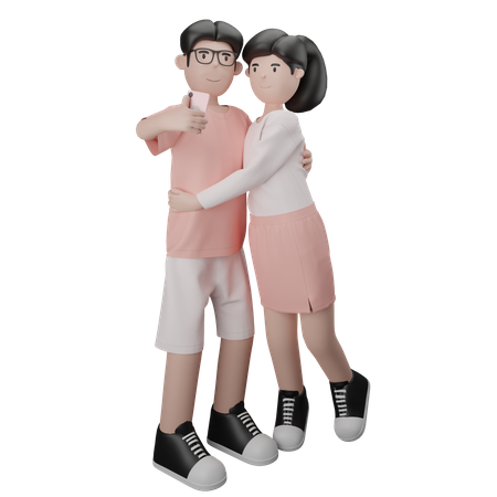 Hugging Couple Taking Selfie  3D Illustration