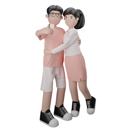 Hugging Couple Taking Selfie  3D Illustration