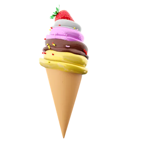 3 D Rendering Cream Ice Cream With Waffle Peel And Strawberries Icon 3 D Render Vanilla Chocolate Banana Strawberry Flavored Ice Cream With Powder Icon 3D Icon
