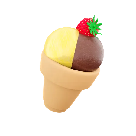 3 D Rendering Three Ice Cream Balls Of Ice Cream With Banana Chocolate Raspberry Flavor And Strawberries On Top Icon 3 D Render Sundae Ice Cream Icon 3D Icon