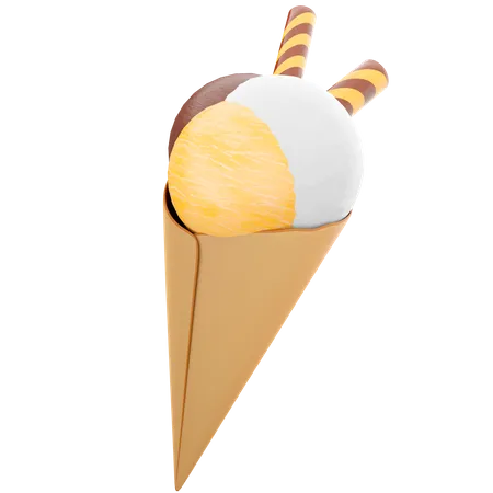 3 D Rendering Ice Cream With Three Scoops And A Waffle Cone Icon 3 D Render Ice Cream With Chocolate Banana And Milk Flavor With Two Sticks Icon 3D Icon