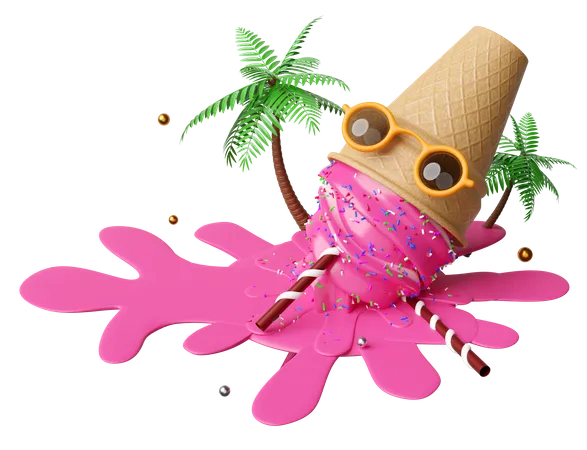 Ice Cream Strawberry With Topping Waffle Cones Fallen Coconut Tree Sunglasses Isolated 3D Icon