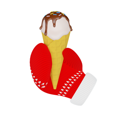 Ice cream cone in a knitted red mitten  3D Illustration