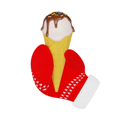 Ice cream cone in a knitted red mitten 3D Illustration