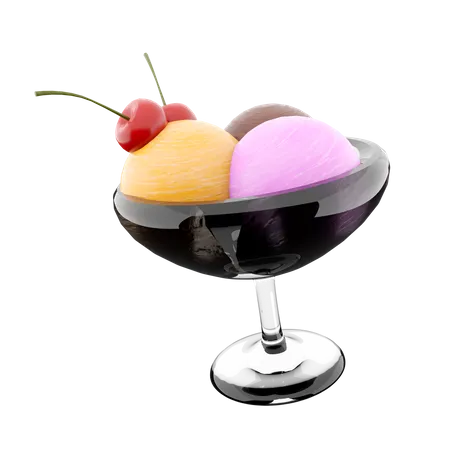 3 D Rendering Three Scoops Of Ice Cream In A Glass Icon 3 D Render Banana Chocolate And Strawberry Flavored Ice Cream With Cherry Icon 3D Icon