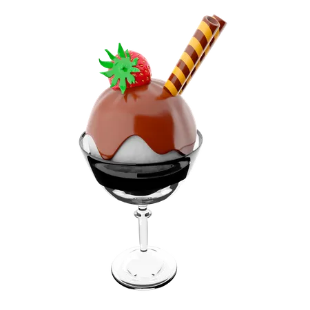 3 D Rendering Ice Cream Scoop With Chocolate Topping And Strawberries With Sticks Icon 3 D Render Ice Cream In A Glass With Vanilla Flavor Icon 3D Icon