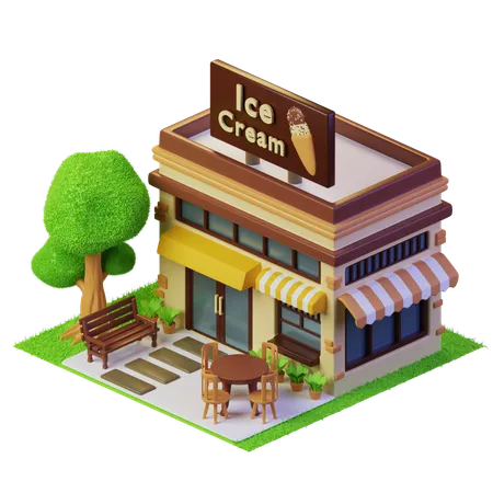 Ice Cream Store Isometric Building With Chair In Front And Trees 3D Illustration