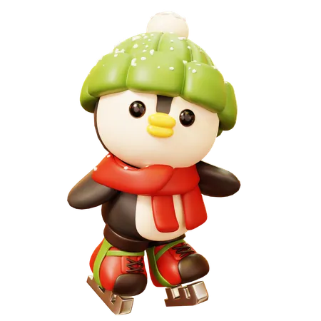 3 D Cute Cartoon Penguin Wearing Knit Hat And Scarf Ice Skating Winter Season Sport And Leisure Concept 3D Icon
