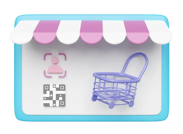 3 D Identity Verification With Face Qr Code Scanner Tablet Computer Store Front Shopping Carts Or Basket Isolated Online Shopping Concept 3D Icon