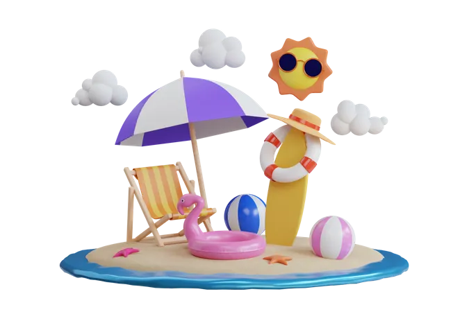 Île avec équipement de soleil et de plage  3D Illustration