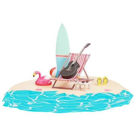 Ilha com deck de praia  3D Illustration