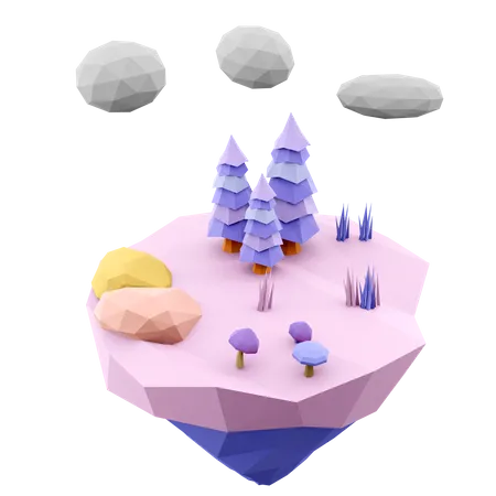 Icone De Ilha Voadora Roxa De Renderizacao 3 D Ilha De Renderizacao 3 D Com Icone De Nuvens Arvores E Cogumelos 3D Icon