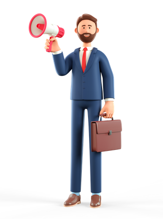 Homme d'affaires barbu tenant un mégaphone  3D Illustration