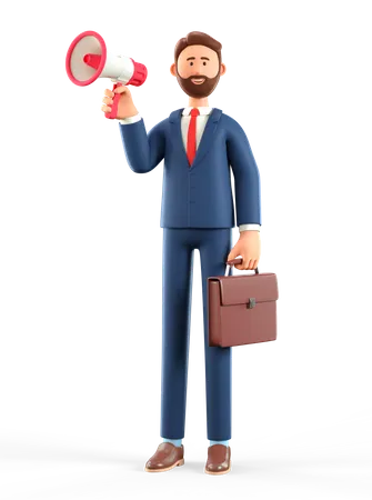 Homme d'affaires barbu tenant un mégaphone  3D Illustration