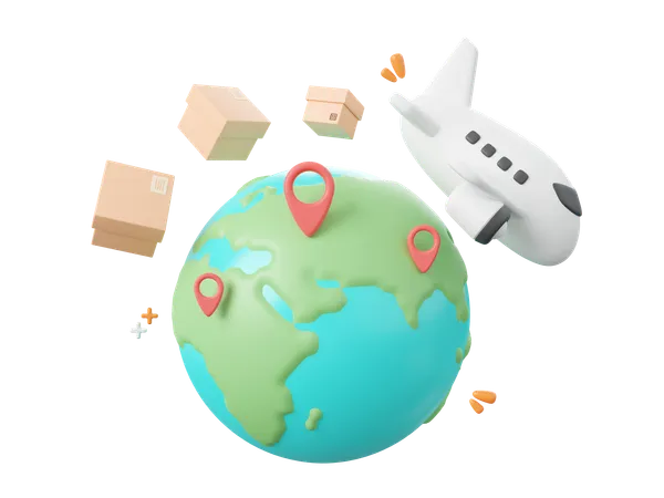 3 D Cartoon Design Illustration Of Delivery Airplane Shipping Parcel Boxes With Pin On Globe Global Shopping And Delivery Service Concept 3D Icon