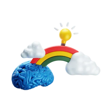 3 D Illustration Of Imagination Brain With Rainbo 3 D Illustration Of Key Solutionw Bulb Cloud 3D Icon