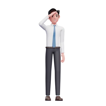 Blick In Die Ferne Geschaftsmann Tragt Langes Hemd Und Blaue Krawatte 3D Illustration
