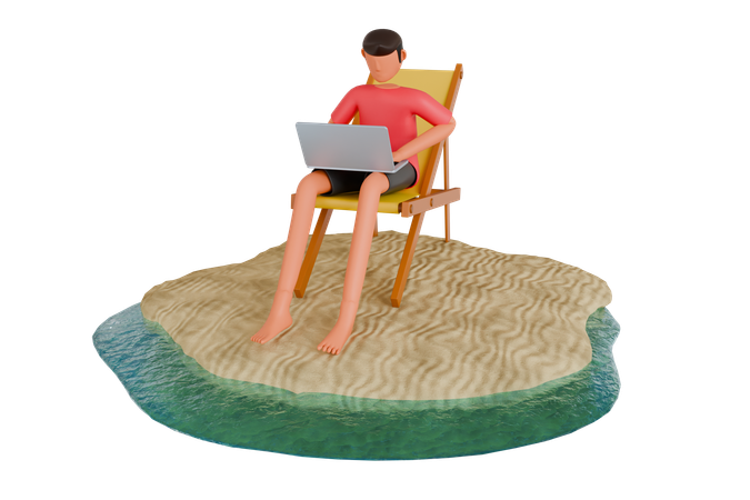 Freelance avec ordinateur portable travaillant à distance sur la plage  3D Illustration