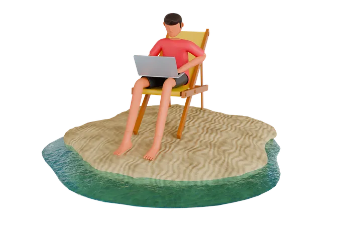 Freelance avec ordinateur portable travaillant à distance sur la plage  3D Illustration