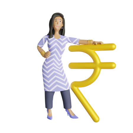 Indian business woman standing beside rupee symbol  3D Illustration