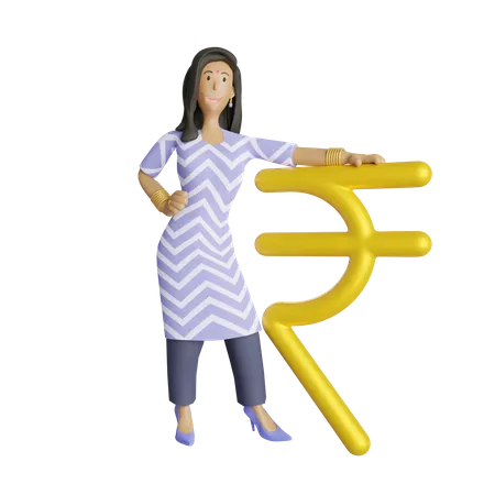 Indian business woman standing beside rupee symbol  3D Illustration