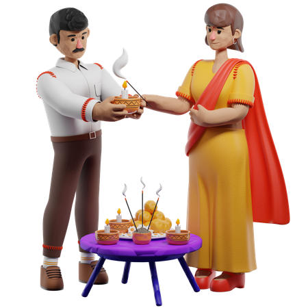 Indian Couple Doing Diwali Ritual  3D Icon