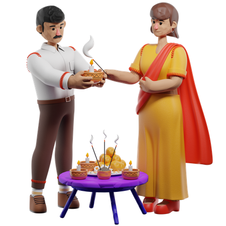 Indian Couple Doing Diwali Ritual  3D Illustration
