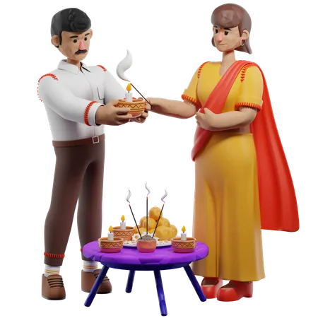 Indian Couple Doing Diwali Ritual  3D Illustration