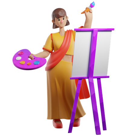 Indian Female Painter Painting  3D Illustration