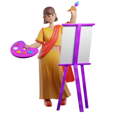 Indian Female Painter Painting  3D Illustration