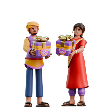 Indian Woman And Man Bringing Diwali Gifts  3D Illustration