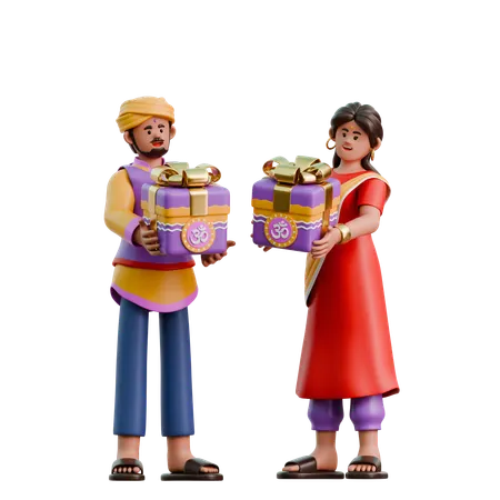 Indian Woman And Man Bringing Diwali Gifts  3D Illustration