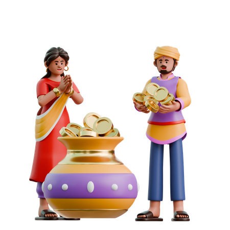 Indian Woman And Man Brings Coins For Dhanteras  3D Illustration