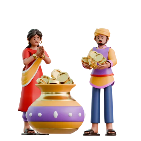Indian Woman And Man Brings Coins For Dhanteras  3D Illustration