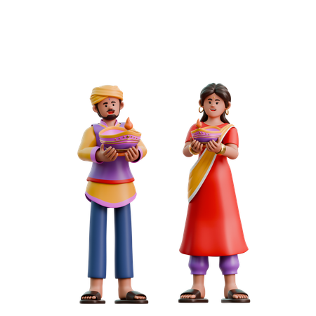 Indian Woman And Man Carrying Diwali Lamp  3D Illustration