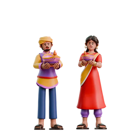 Indian Woman And Man Carrying Diwali Lamp  3D Illustration