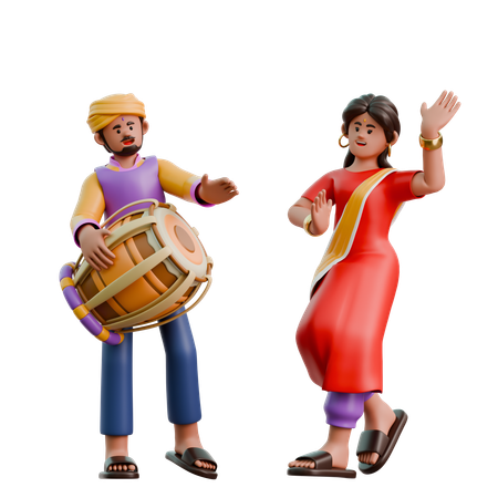 Indian Woman And Man Dancing With Drums  3D Illustration