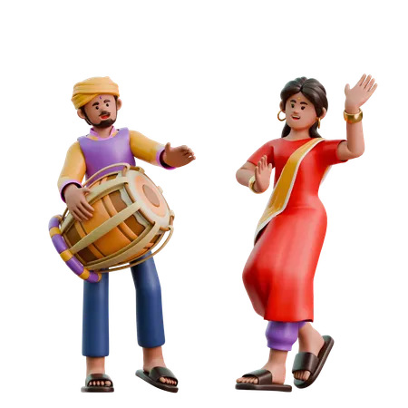 Indian Woman And Man Dancing With Drums  3D Illustration