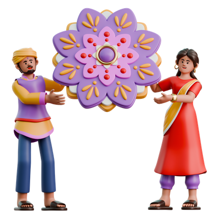 Indian Woman And Man Decorated Rangoli  3D Illustration