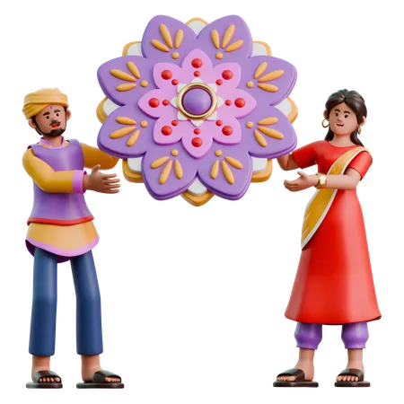 Indian Woman And Man Decorated Rangoli  3D Illustration