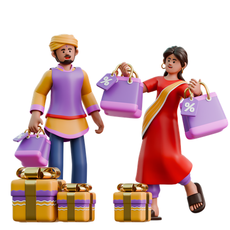 Indian Woman And Man Doing Diwali Shopping  3D Illustration