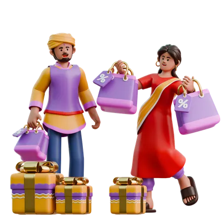 Indian Woman And Man Doing Diwali Shopping  3D Illustration