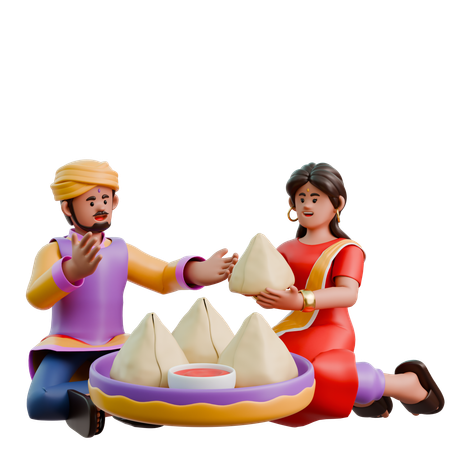Indian Woman And Man Eating Samosa  3D Illustration