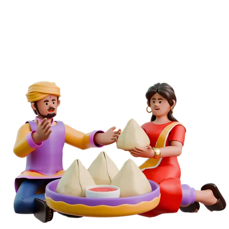 Indian Woman And Man Eating Samosa  3D Illustration