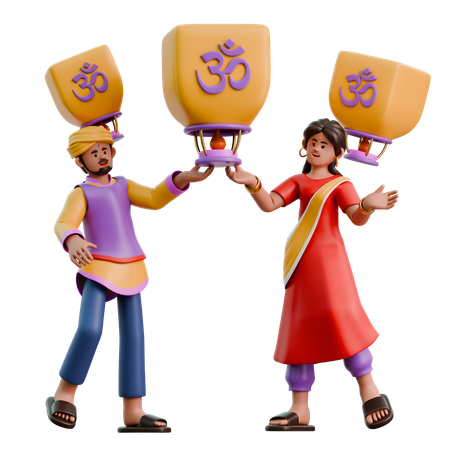 Indian Woman And Man Flying Lantern  3D Illustration
