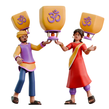 Indian Woman And Man Flying Lantern  3D Illustration