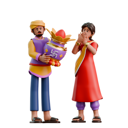 Indian Woman And Man Giving Kalasha  3D Illustration